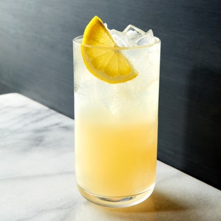 A tom collins cocktail in a glass with a lemon slice.